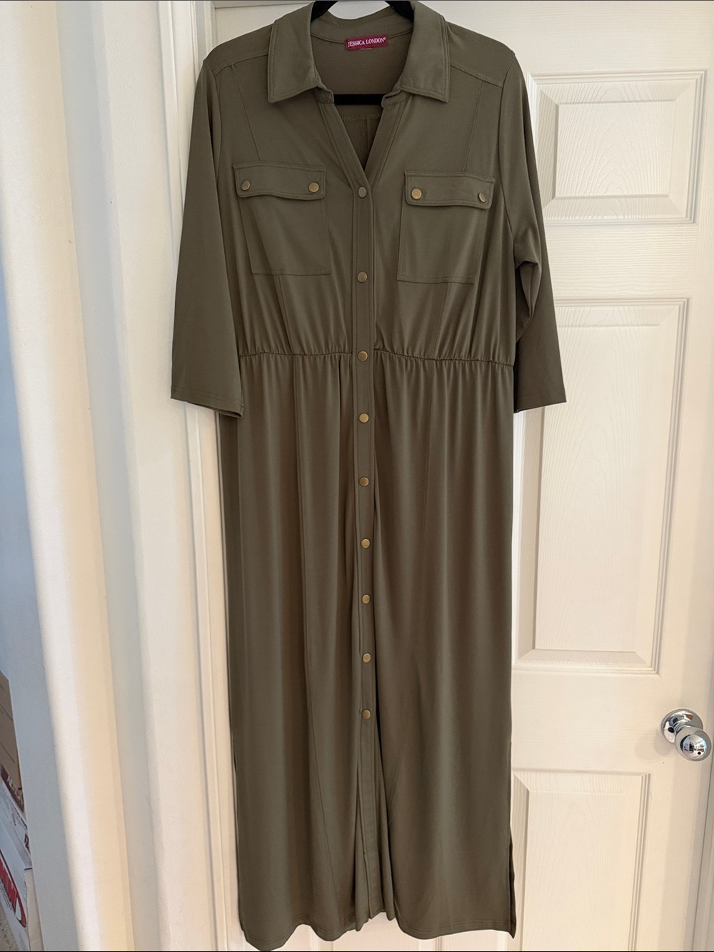 Jessica London Olive Green Maxi Shirt Dress with Snap Button Front